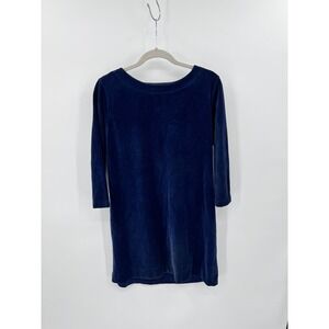 LL Bean Navy Blue Velour Tunic Dress Boat Neck 3/4 Sleeve Cotton Blend Size M